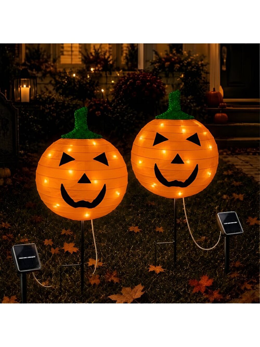 2Pack Solar Halloween Pumpkin Stake Light with 8 Lighting Modes, Fabric Lantern